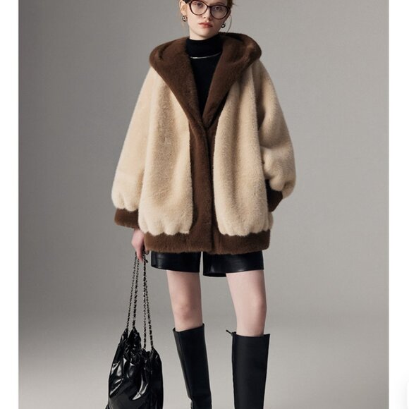 Maillard Core Oversized Faux Fur Hooded Teddy Jacket Two Tone - Picture 5 of 5